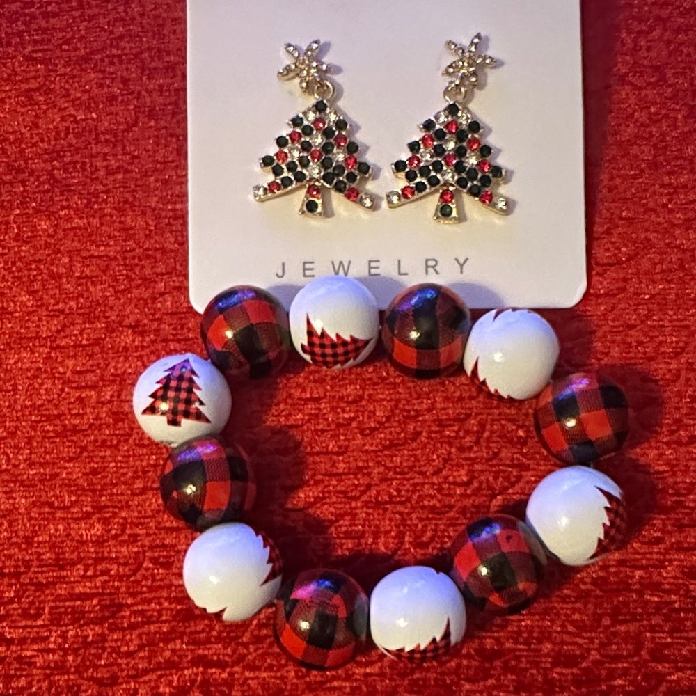 Festive Red and Black Plaid Tree Bracelet and Rhinestone Earring Set